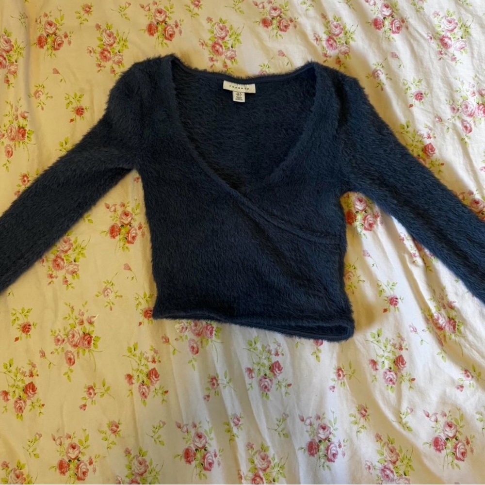 Fuzzy Navy Blue Wrap Sweater